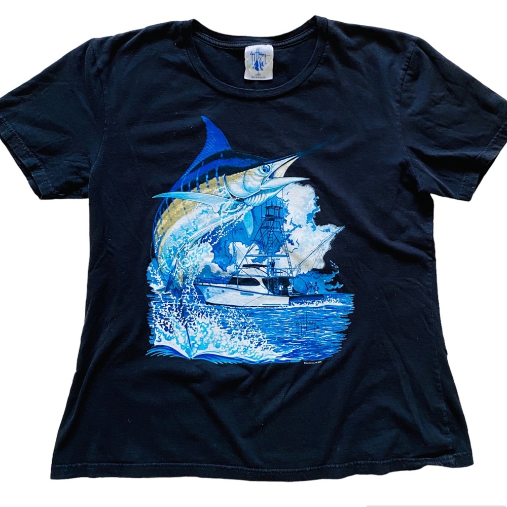 GUY HARVEY MEN TEE T-SHIRT BLACK FISHING NAUTICAL LARGE Fisherman